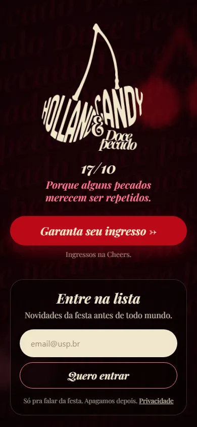 A revelação: o logo das cerejas, a data 17/10, o botão de ingresso e a lista de email.