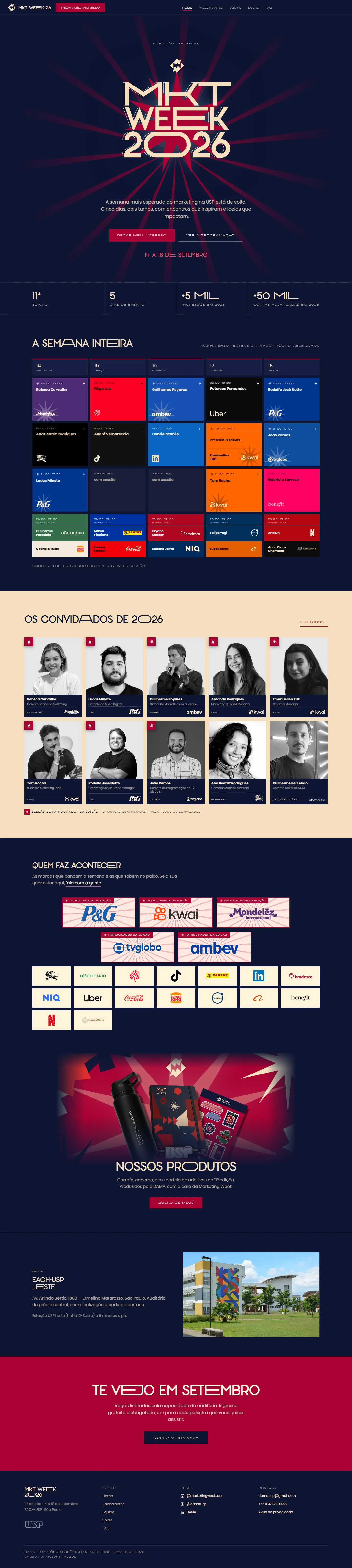A página inicial da Marketing Week 2026: a abertura com os raios carmim, os números da edição, a grade colorida da semana, as fotos dos convidados, os logos dos patrocinadores, os produtos, o campus da EACH e a chamada final.