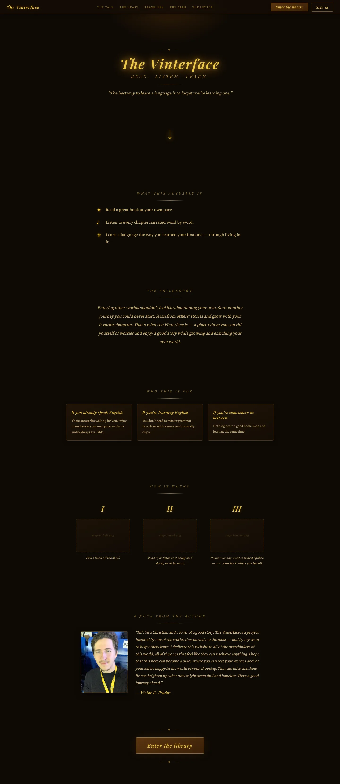 A página inicial do Vinterface, de cima a baixo: o título dourado, o que o site é, a filosofia, para quem é, como funciona, e uma nota do autor.